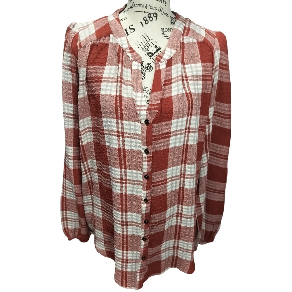 Mason‎ & Belle Women's L Plaid Long Sleeve Collarless Button Down Top Relax Fit